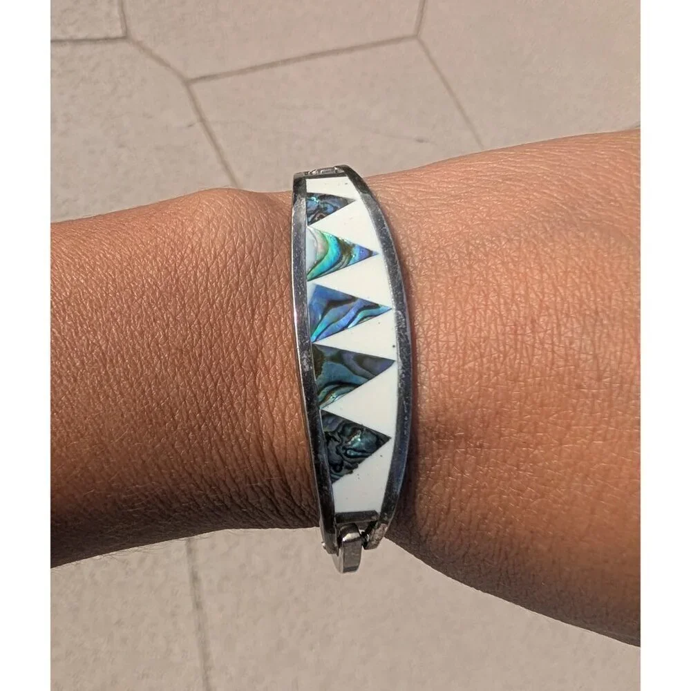 Vtg Mexican Bracelet Alpaca Silver Cuff Abalone & mother pearl inlay handmade